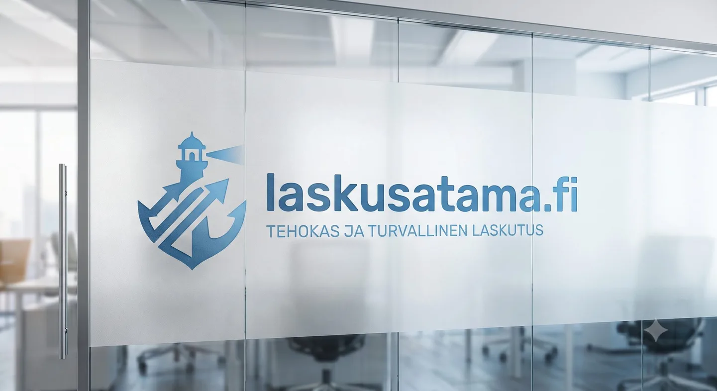 Laskusatama-logo toimiston lasiovessa