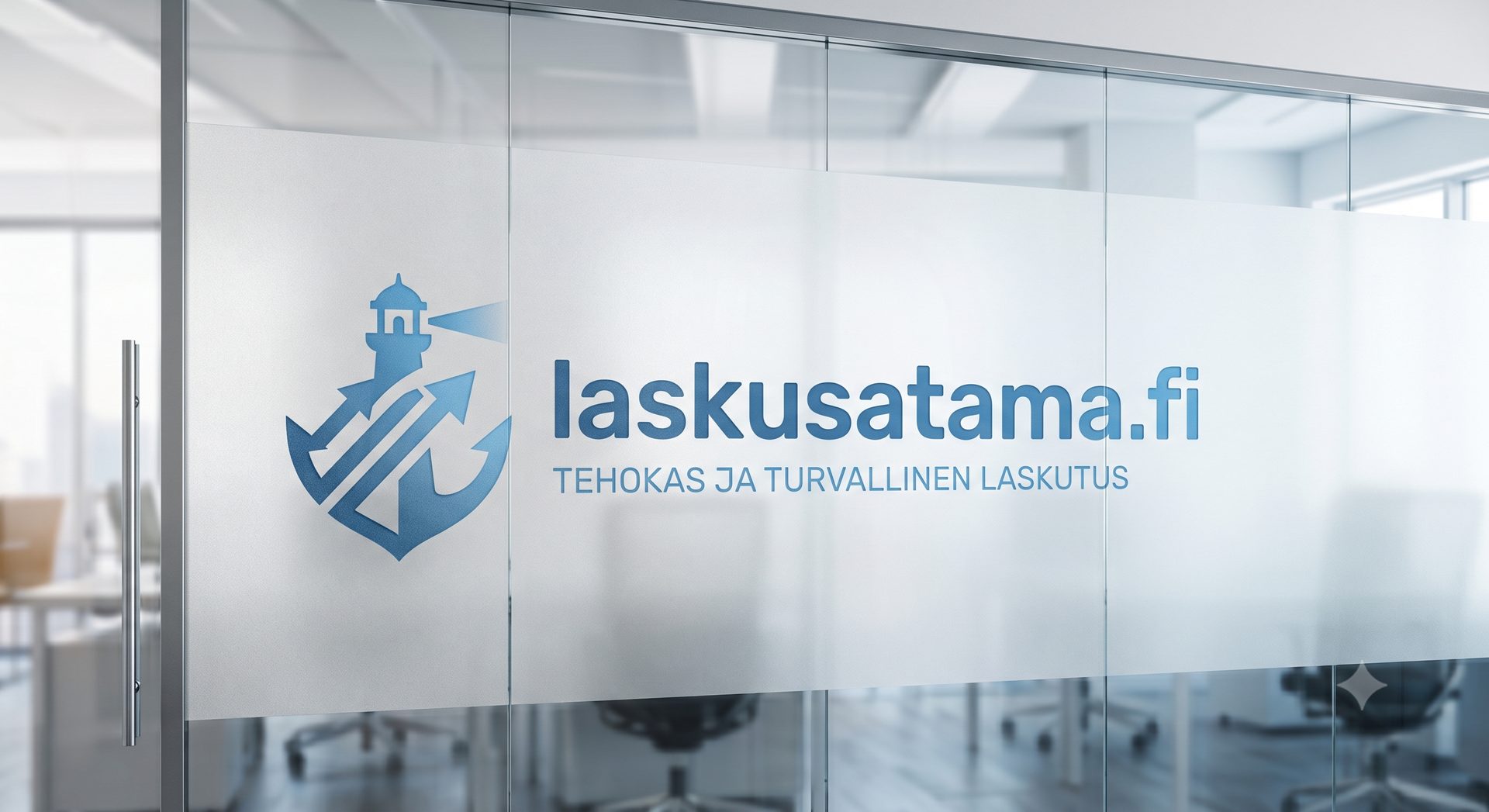Laskusatama-logo toimiston lasiovessa